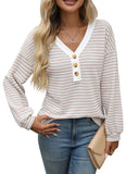 TK2025 New Lady V-Neck Button Casing Splicing Casual Long-Sleeved Color T-Shirt HZ0108