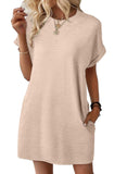 2025 Summer New Loose Round Collar Pocket Solid Color Short-Sleeved Dress Woman HZ0108