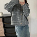 Korean Striped Loose Lazy Knitted Jersey 2025 Autumn And Winter Women's Simple Round Jump Sweater Coat HZ0108