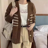 Hong Kong Flavor Retro-Colored Striped Knitted Cardigan Coat Women's Autumn And Winter Women's Loose Lazy Casual V-Neck Sweater HZ0108