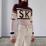 High-Necked Letter-Collage-Colored Sweater With Knitted Long-Sleeved Coat On The Head Hot Women's Clothing HZ0108