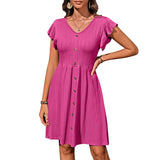 2025 Summer New Women's V-Neck Button To Collect Waist Elastic Short-Sleeved Dress Women HZ0108