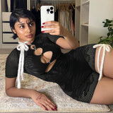 2025 Round Collar Five-Sleeve Repair Sexy Hollow All-In-One Knitted Conjoined Shorts Spring New HZ0108