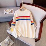 Colored Striped Smiley Face Long-Sleeved Sweater Women's Autumn And Winter New Lazy Style Retro Loose Collar Knitting Top HZ0108