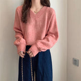 South Korea Chic Spring And Autumn New Lazy V Collar Collar Loose Solid Color Bubble Sleeve Knitted Sweater HZ0108