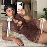 2025 Round Collar Five-Sleeve Repair Sexy Hollow All-In-One Knitted Conjoined Shorts Spring New HZ0108