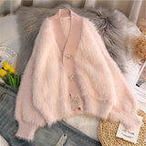 Autumn 2025 Thicken Women's Loose V-Neck Design Sweater Velvet Sweater Jacket Knitted Open Shirt HZ0108