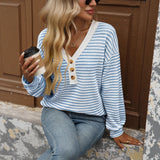 TK2025 New Lady V-Neck Button Casing Splicing Casual Long-Sleeved Color T-Shirt HZ0108