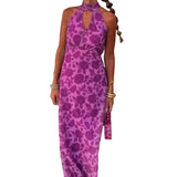 2025 New Hanging Neck Sleeveless Dress Bare Back High-Rise Printed Long Dress Famous Wind Thin HZ0108