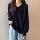 South Korea Chic Spring And Autumn New Lazy V Collar Collar Loose Solid Color Bubble Sleeve Knitted Sweater HZ0108
