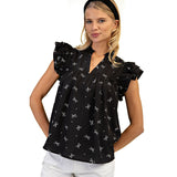 2025 Summer New V-Neck Multi-Layer Lotus Leaf Sleeve Sweet Print Lady Shirt HZ0108