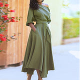 2025 New Women's Simple Slanted Shoulder Tie With Waist Solid Color Dress Woman HZ0108