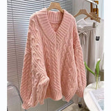 Soft Glutinous Gentle Wind V-Neck Loose-Fitting Cover Solid Color Jasmine Sweater Autumn And Winter Women Wear Knitted Shirt Tops Women HZ0108