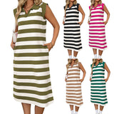 2025 Summer Striped Pocket New Collar Sleeveless Long Dress HZ0108