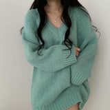 2025 Spring And Autumn Women's Korean Version Of Loose V-Neck Sweater Women's Long Lazy Knitted Sweater HZ0108
