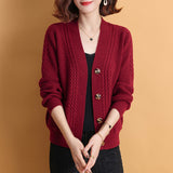 2025 Autumn And Winter V-Neck Solid-Colored Cardigan Simple Loose Middle-Age Mother Long-Sleeved Knitted Sweater Women's Casual Coat HZ0108