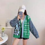 Fashion Leopard Knitted Jacket Autumn 2025 New Splicing Denim Short V-Neck Sweater Women's Coat HZ0108