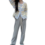 Early Spring And Autumn 2025 New Korean Version Of Loose Striped Outerwear With Knitted Sweater Thin Cardigan Coat Lady HZ0108