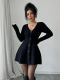 Pure-Want Hottie Temperament V Collar Long Sleeve Knitted Waist Thin Dress A Word Loose Dress HZ0108