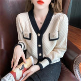 Small Fragrant Knitted Sweater Women 2025 Spring And Autumn New Hit-Colored Cardigan Jacket Casual Temperament V Collar Blouse Tide HZ0108