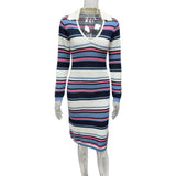 2025 New Women's Stripes Crash-Color Sexy V-Pin Long-Sleeved Bag Hip Knitted Dress HZ0108