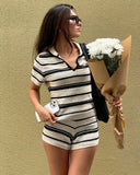 2025 Summer New Women's Stripe Crochet Short-Sleeved Collar Short Sleeves Casual Shorts Two-Set HZ0108