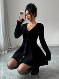 Pure-Want Hottie Temperament V Collar Long Sleeve Knitted Waist Thin Dress A Word Loose Dress HZ0108