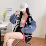 Fashion Leopard Knitted Jacket Autumn 2025 New Splicing Denim Short V-Neck Sweater Women's Coat HZ0108