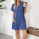 2025 Summer New Collar Button Loose Pocket Short Sleeve Jumpsuit HZ0108