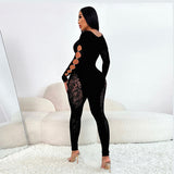 2025 Winter New Solid Color Collar High Density Lace One-Piece Knitted Sexy Nail Drill Jumpsuit HZ0108