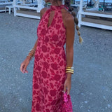 2025 New Hanging Neck Sleeveless Dress Bare Back High-Rise Printed Long Dress Famous Wind Thin HZ0108