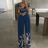 2025 New Commuting Women's Single-Word Shoulder-Print Trousers Sexy High-Waisted Jumpsuit HZ0108