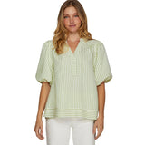 Women's Shirt 2025 New V-Neck Splicing Bubble Sleeve Striped Top HZ0108