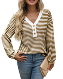 TK2025 New Lady V-Neck Button Casing Splicing Casual Long-Sleeved Color T-Shirt HZ0108