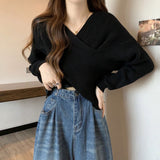 Irregular Cross V Collar Collar Sweater Women In Autumn And Winter With Loose Lazy Short Knitted Top Design Sense HZ0108