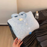 Spring And Autumn 2025 Women's Languid Wind Sweet Soft-Creallow High-End Feeling Heavy-Working Version Of Light Blue Knitted Cardigan Sweater Jacket HZ0108