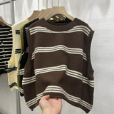 Vintage Collar Striped Knitted Vest Women Early Autumn Korean Version Of Loose Round Collar Without Sleeves Folding Sweater Vest Woman HZ0108