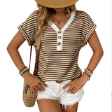 2025 Summer New Lady Splicing Knit V Collar Button Cover Short Sleeve HZ0108