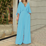 2025 Large-Size Women's Clothing In Broad-Legged Solid Color V-Neck Simple Fashion Jumpsuit HZ0108