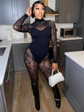2025 New Women's High-Needle Lace Sexy Hollow Black Jumpsuit HZ0108
