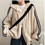 Autumn And Winter Women's Korean Version Of Chic Simple Temperament Drawstring Hood Design Niche Striped Loose Long-Sleeved Sweater Jacket HZ0108