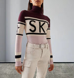 High-Necked Letter-Collage-Colored Sweater With Knitted Long-Sleeved Coat On The Head Hot Women's Clothing HZ0108