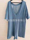 2025 New Lady Loose Pocket Back V-Neck Short-Sleeved Jumpsuit HZ0108
