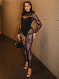 2025 New Women's High-Needle Lace Sexy Hollow Black Jumpsuit HZ0108