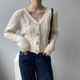 Korean Vintage Vintage V-Neck Single-Row Knitted Cardigan Women's Lazy Casual Casual Sleeve Sweater Coat HZ0108