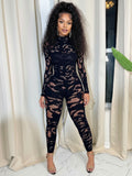 Hot Fashion Sexy Women's Round-Neck Long-Sleeved Hollow Lace Tight Hip Jumpsuit HZ0108