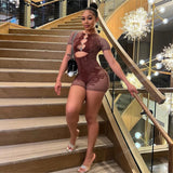 2025 Round Collar Five-Sleeve Repair Sexy Hollow All-In-One Knitted Conjoined Shorts Spring New HZ0108