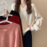 South Korea Chic Spring And Autumn New Lazy V Collar Collar Loose Solid Color Bubble Sleeve Knitted Sweater HZ0108