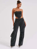 Low-Rise Three-Dimensional Pocket Spliced Jeans Women Autumn 2025 New Loose Falling Lanky Trousers HZ0108