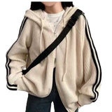 Autumn And Winter Women's Korean Version Of Chic Simple Temperament Drawstring Hood Design Niche Striped Loose Long-Sleeved Sweater Jacket HZ0108